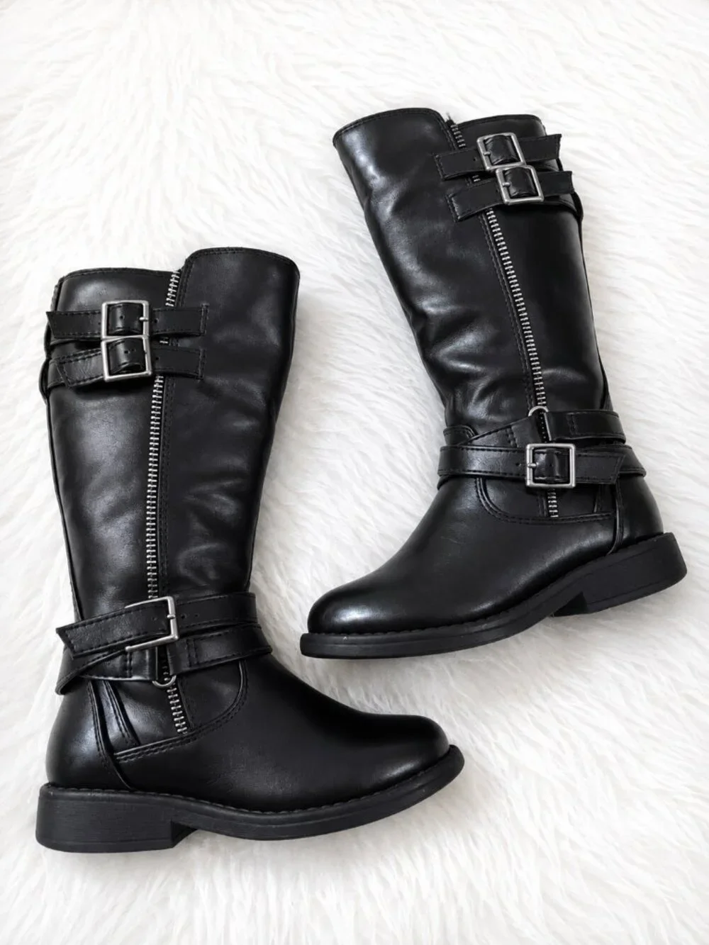Dream Paris Black Girl's Mid Calf Moto Decorative Buckle Straps Boots SZ 10